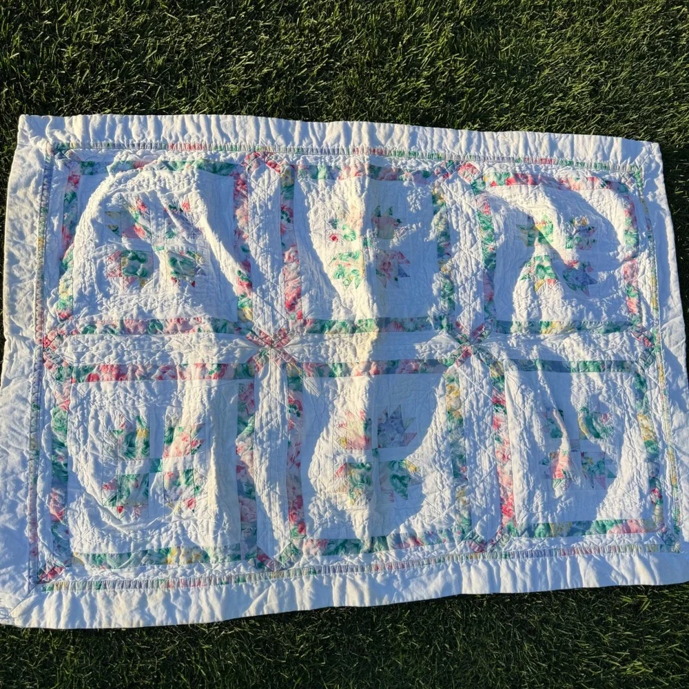 Vintage Handmade Patchwork Baby Quilt Floral Pastel White Crib Blanket 47x32